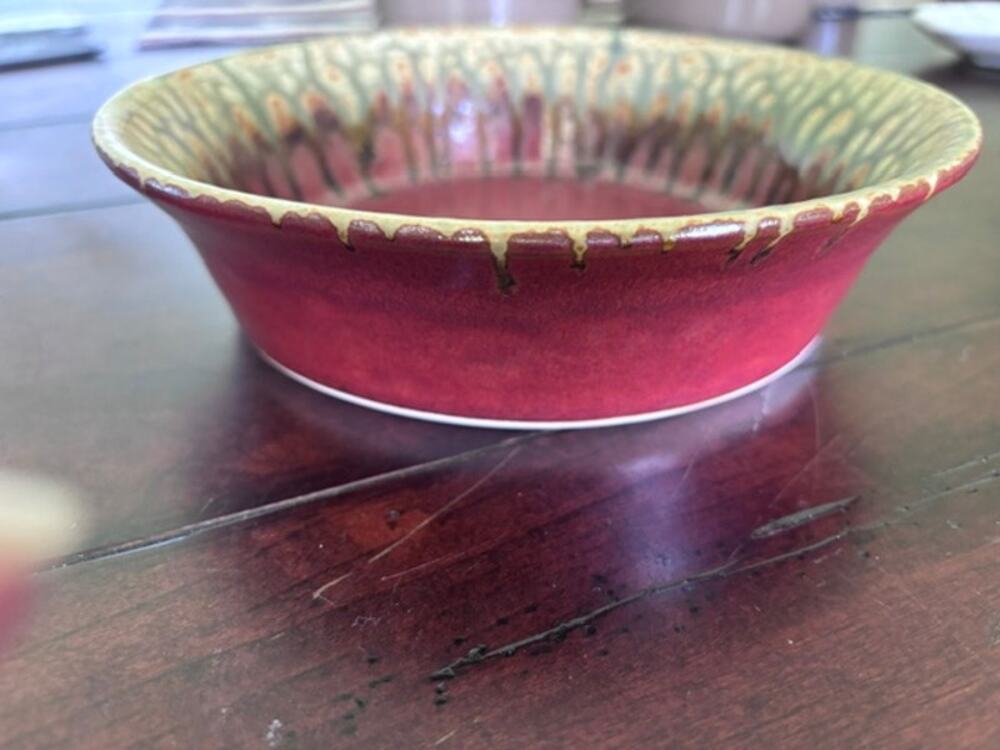 Black Creek Pottery 2019 Art Pottery Bowl Red Green Drip Glaze 9" Stoneware